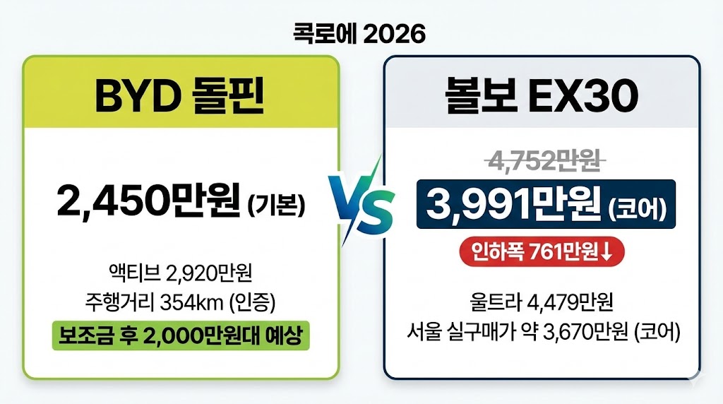 BYD 돌핀 볼보 EX30 가격 비교 인포그래픽
